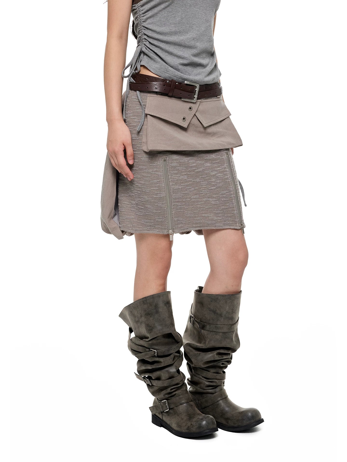 JIKOO Patchwork Textured Knit Pocket Skirt