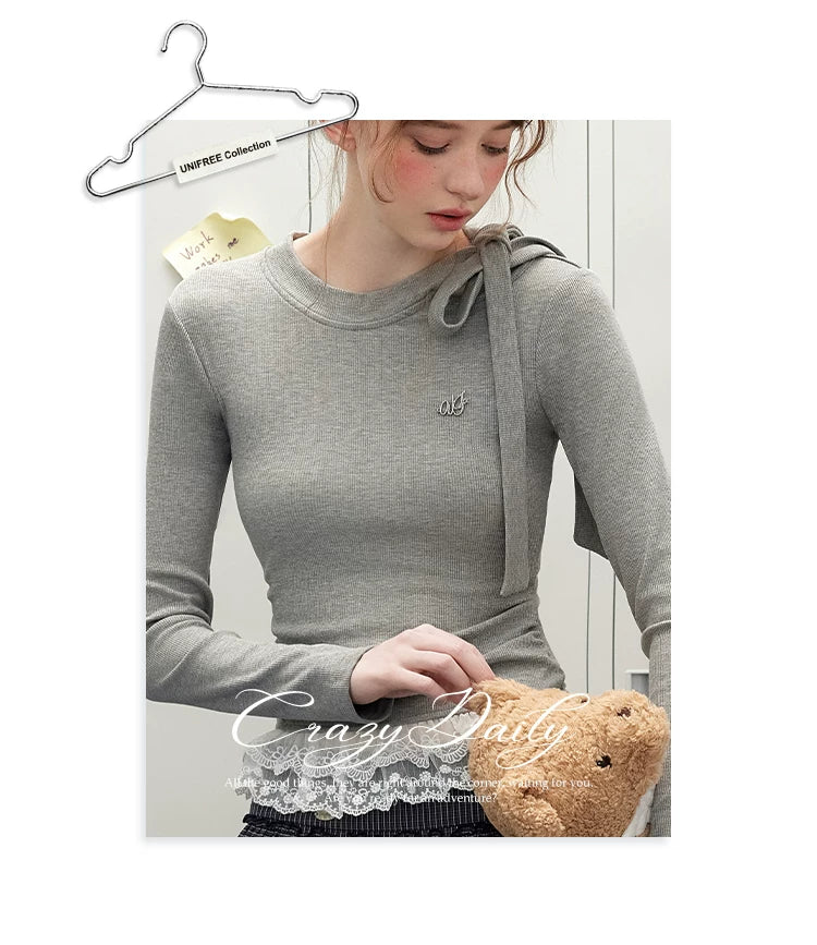 UNIFREE Bow Strap Simple Versatile Lace Edge Long Sleeve