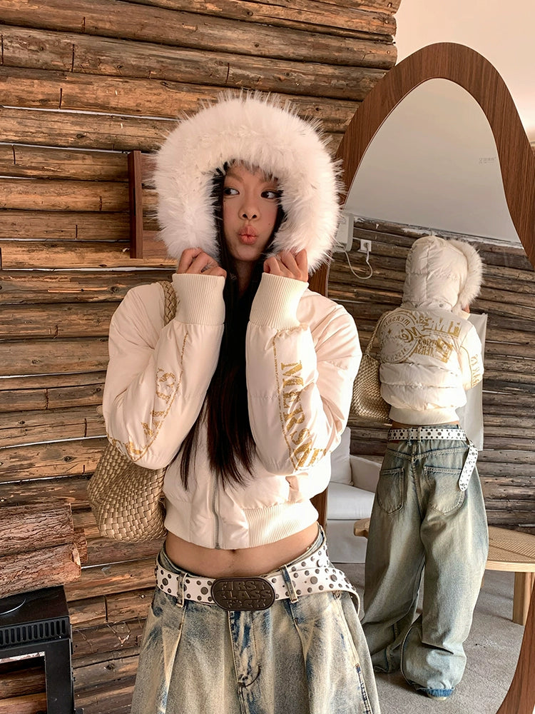 EAHO Removable Fur Collar Hooded Short Cotton Clothes