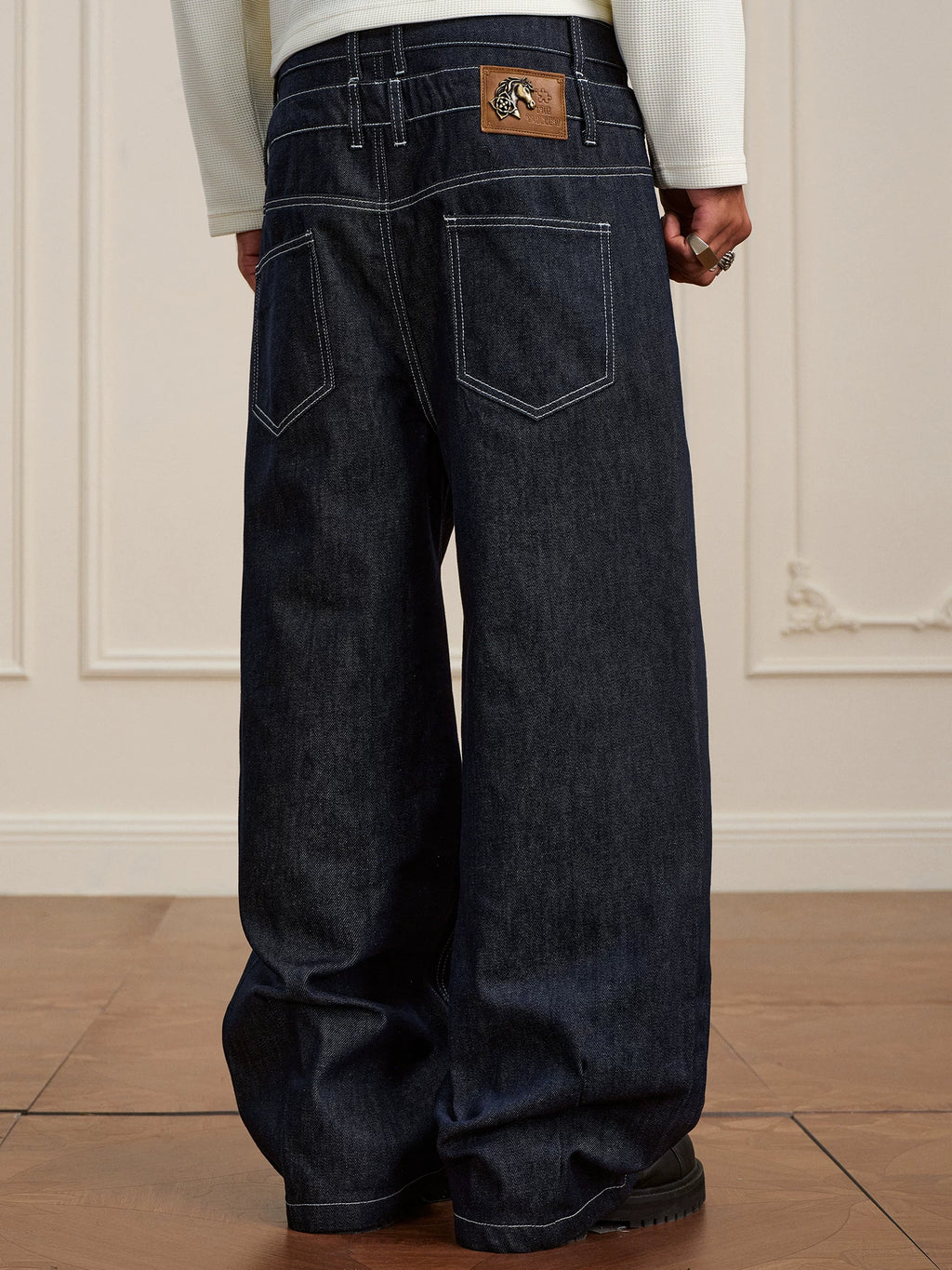 YADcrew Retro Vintage Black Wash Heavy Double Waist Micro Pull Jeans