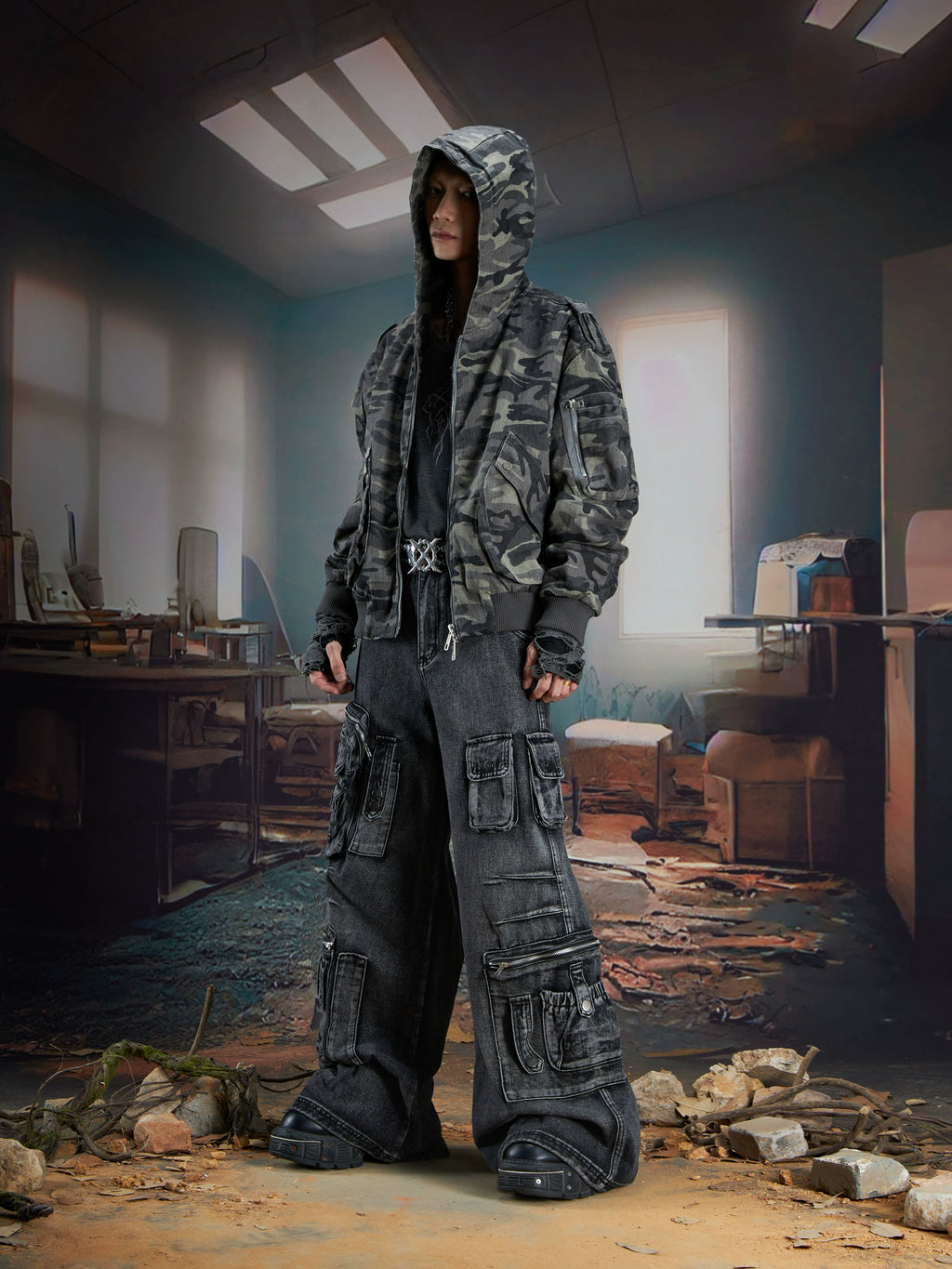 NOMANIAI Stitching Camouflage Hooded Zipper Jacket