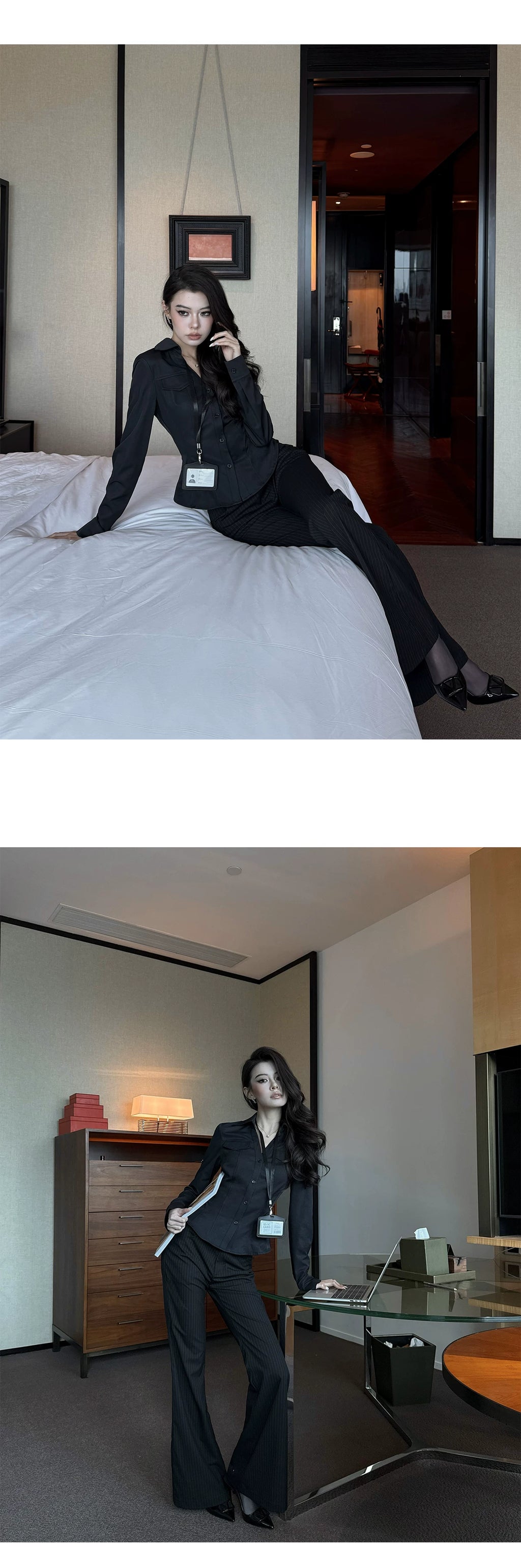 LLROGE Slim-fit Slim-fitting Long-sleeved Shirt Striped Drape Trousers