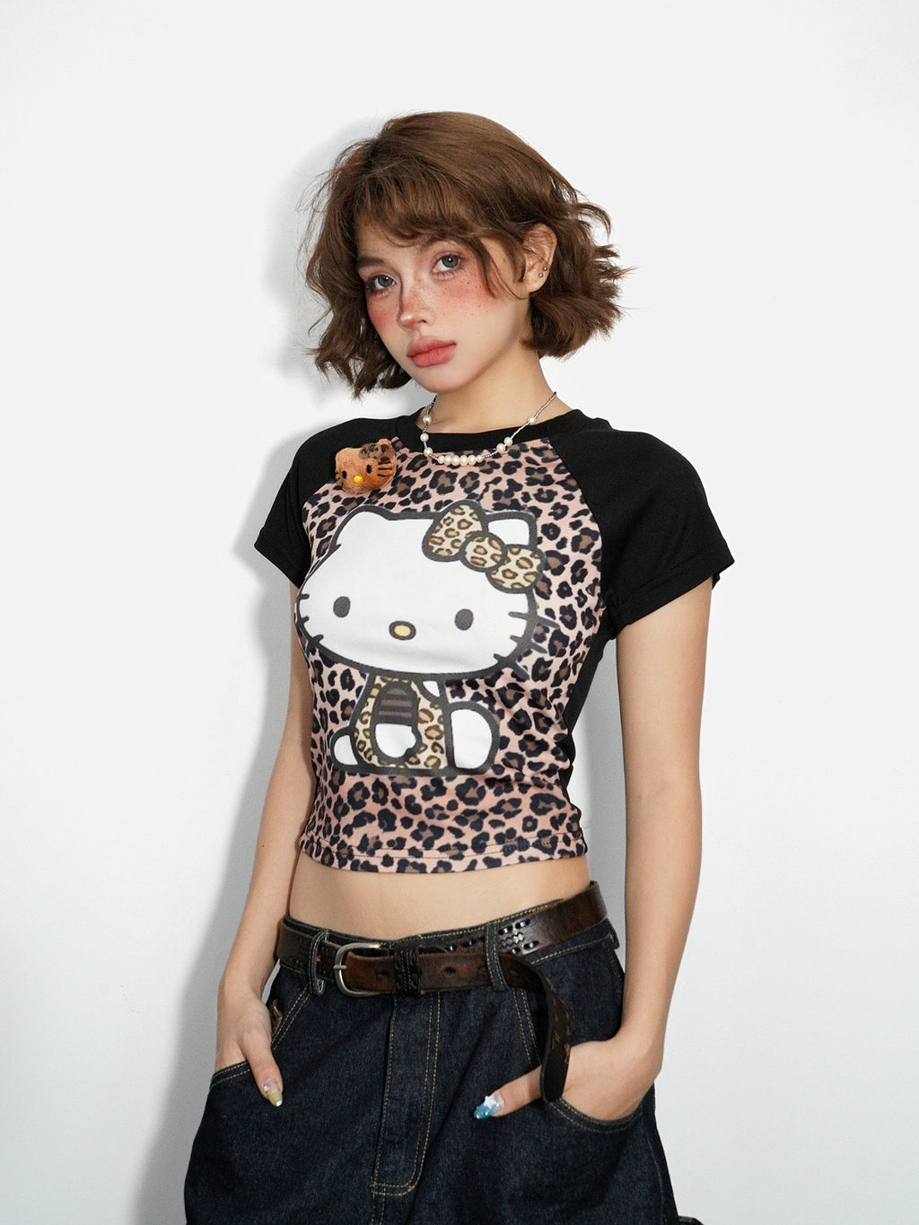 BANGU Vintage Leopard Print Stitching Kitty Cat Print Tee