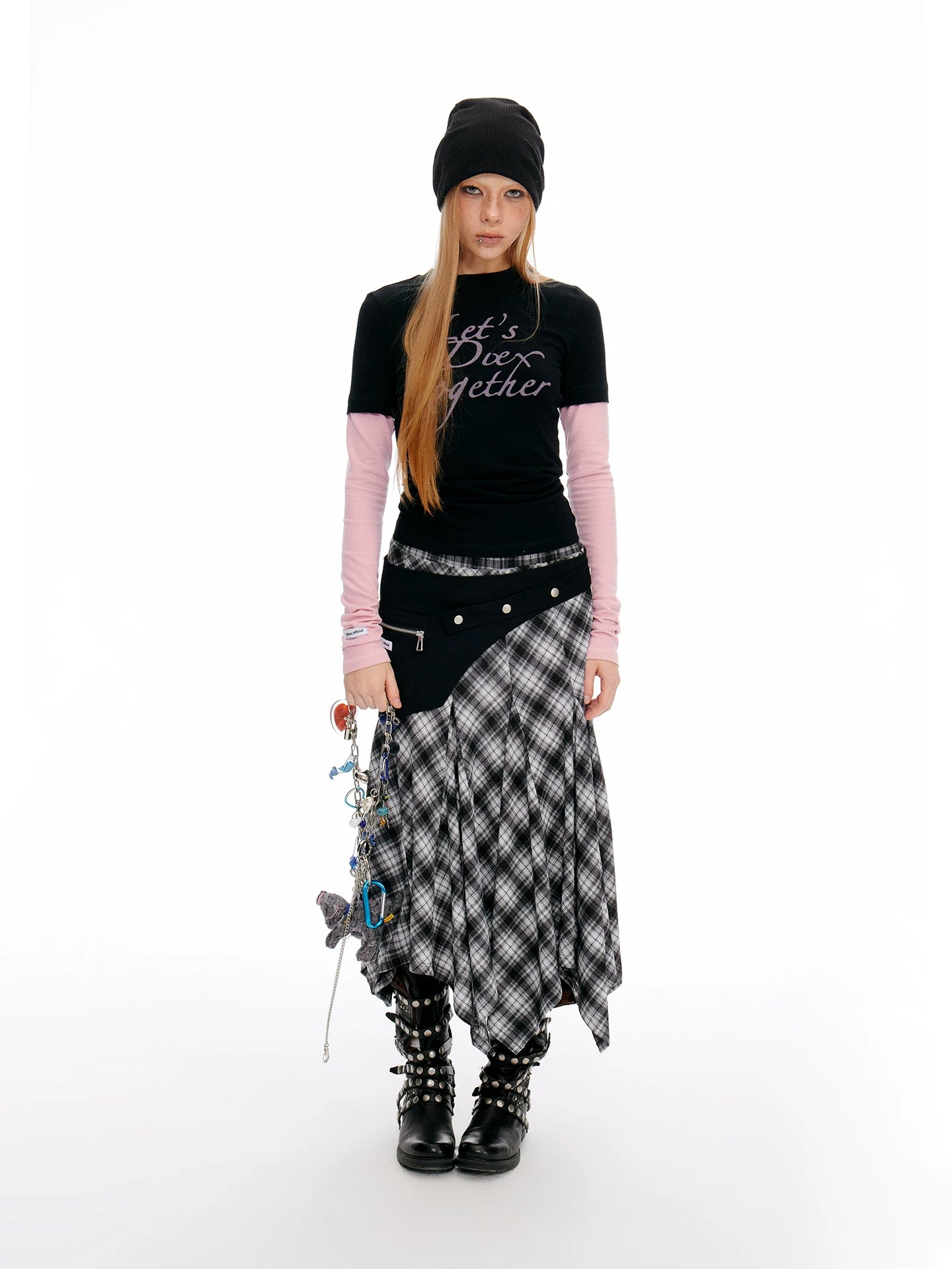 JIKOO Plaid Skirt Versatile Irregular Hem Skirt