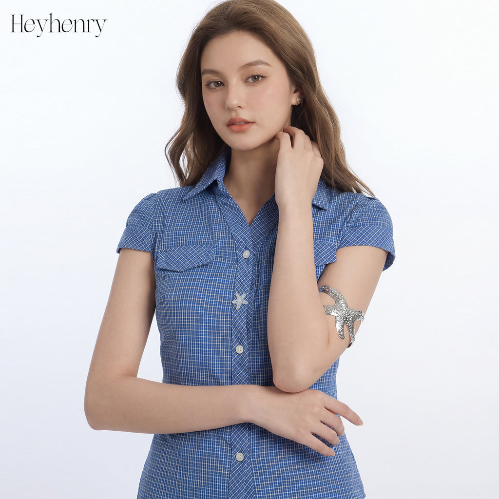 HeyHenry Slim-fit Waist and Shoulder Plaid Short-sleeved Shirt