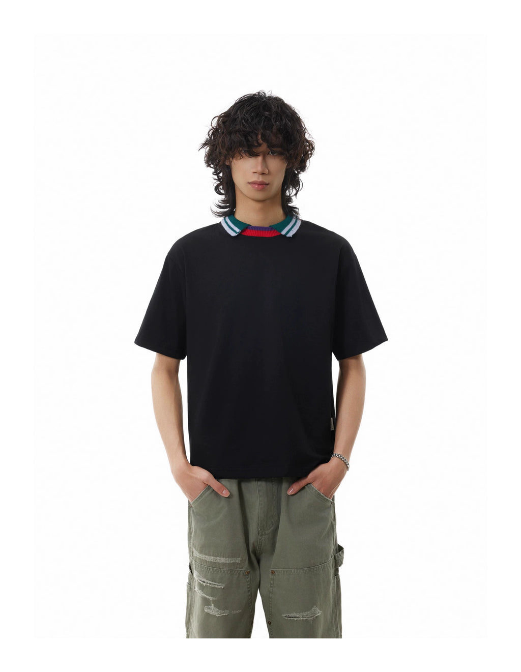 BTSG three-color splicing threaded neckline lapel Tee