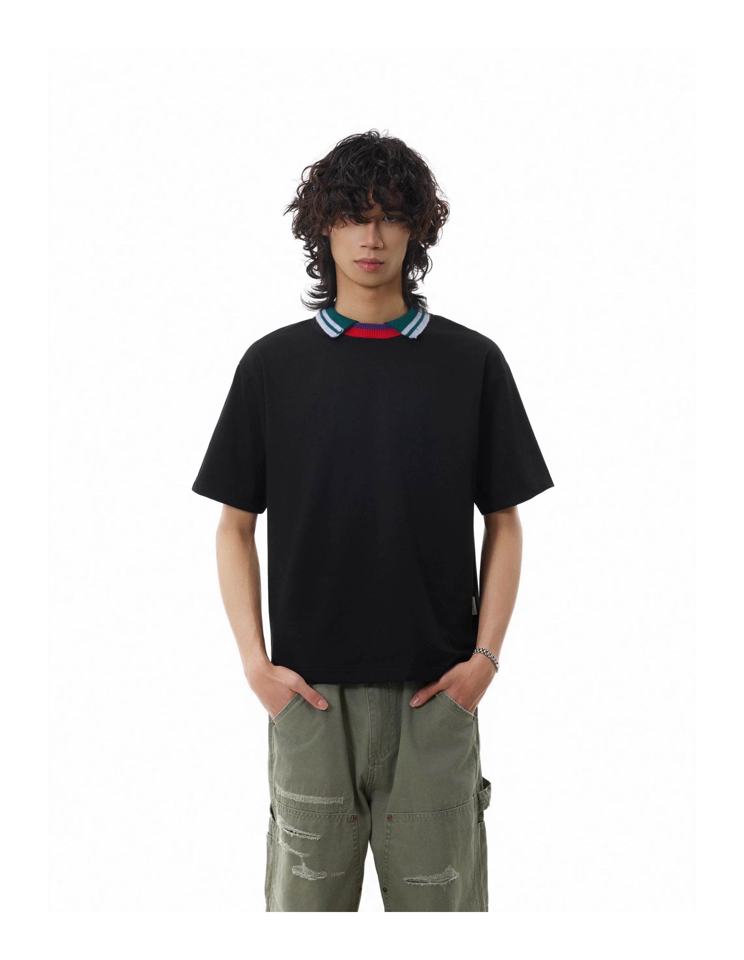 BTSG three-color splicing threaded neckline lapel Tee