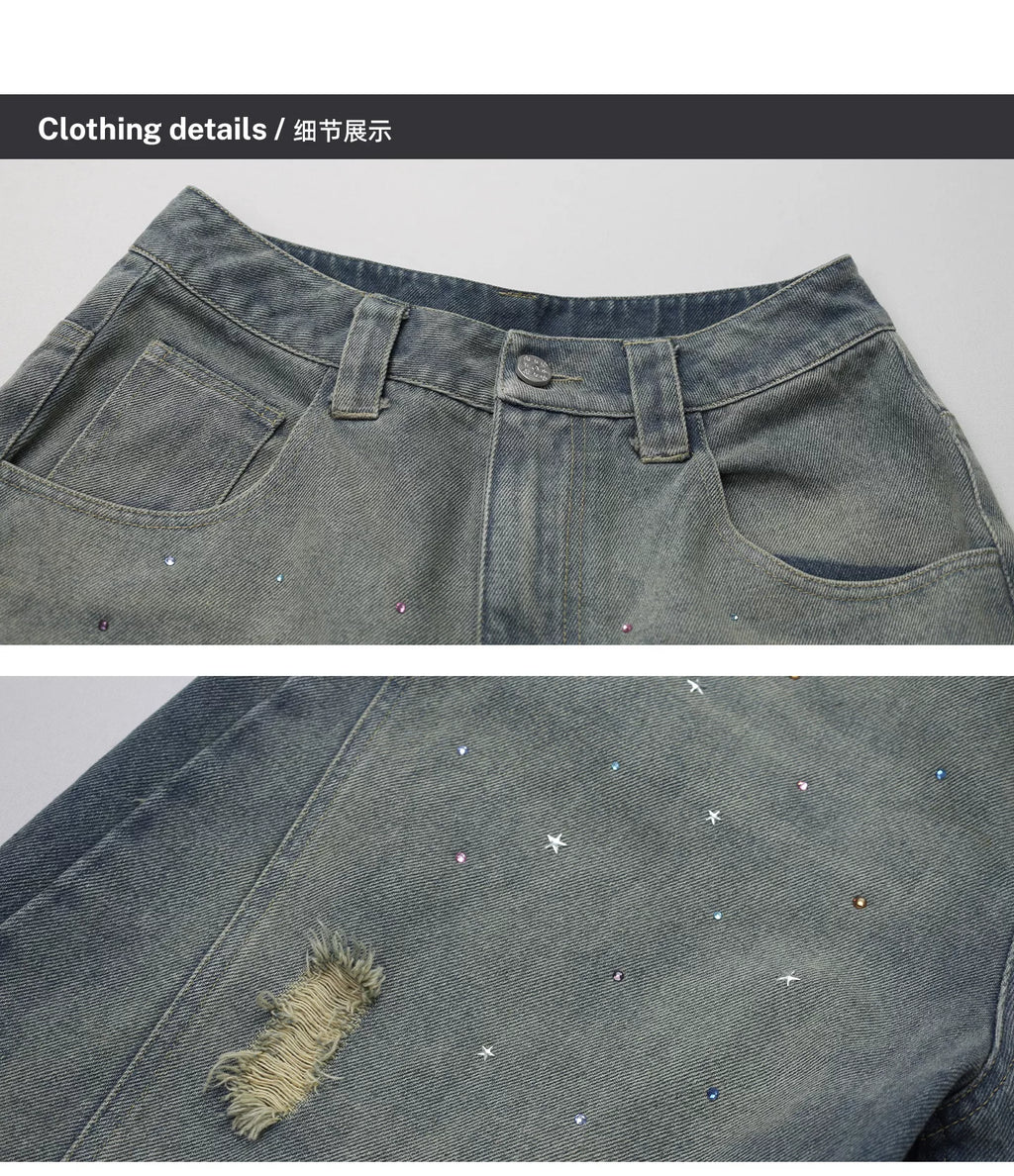Girlyhalo Vintage Hot Diamond Make Old Wide Leg Jeans