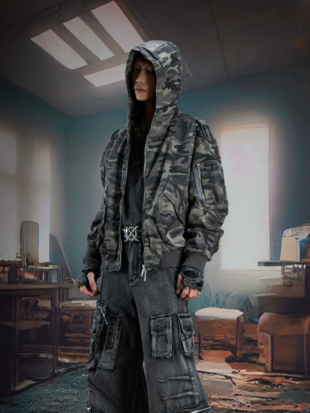 NOMANIAI Stitching Camouflage Hooded Zipper Jacket