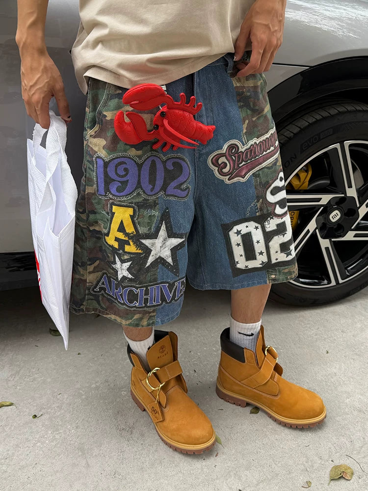 EAHO Retro Camouflage Letter Print Five-point Jeans