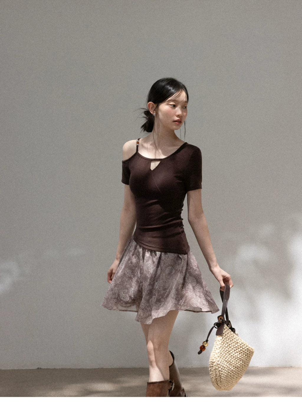 Cantonstory Slanted Shoulder Beaded Slim Tee Skirt Set