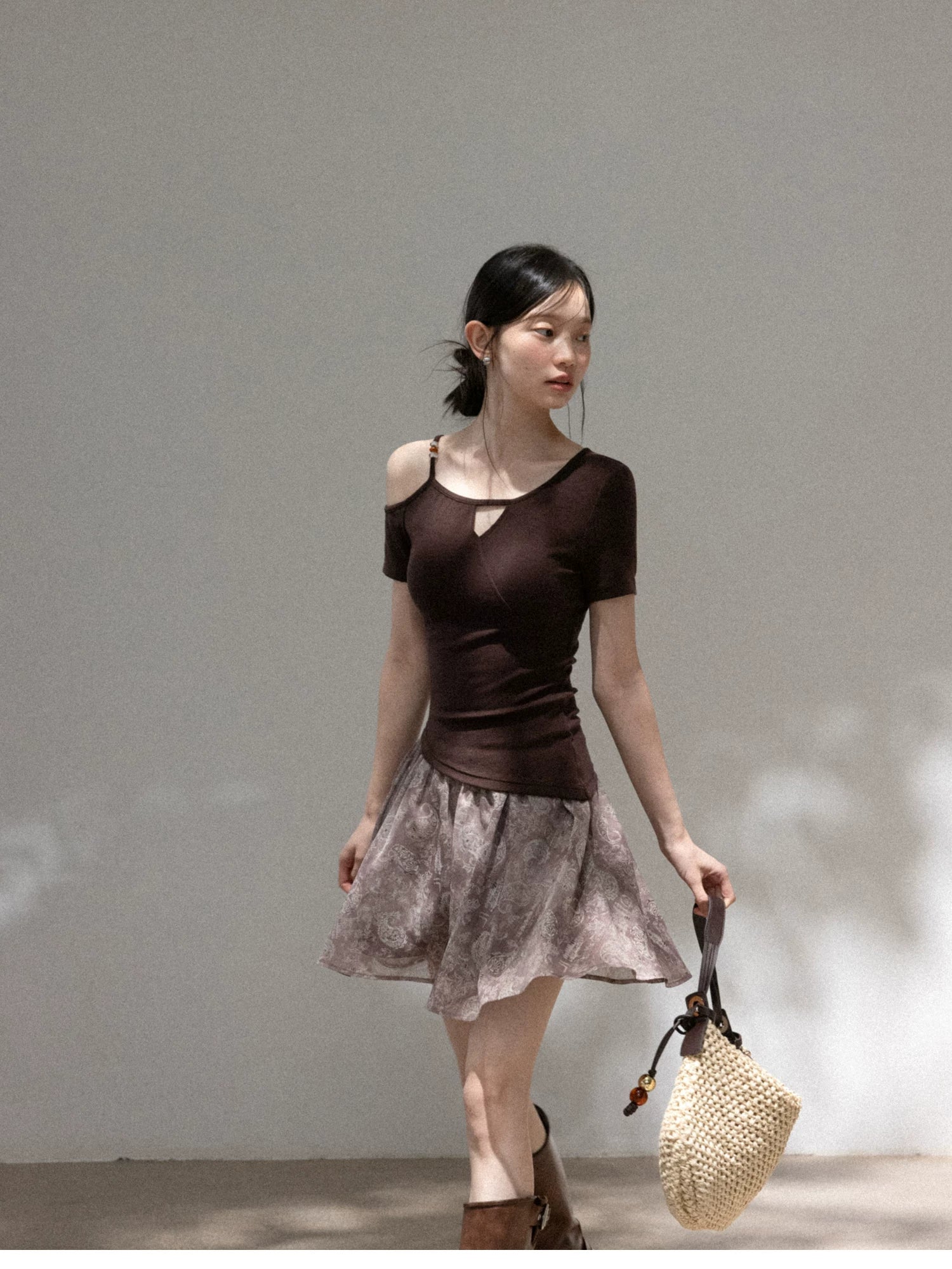 Cantonstory Slanted Shoulder Beaded Slim Tee Skirt Set