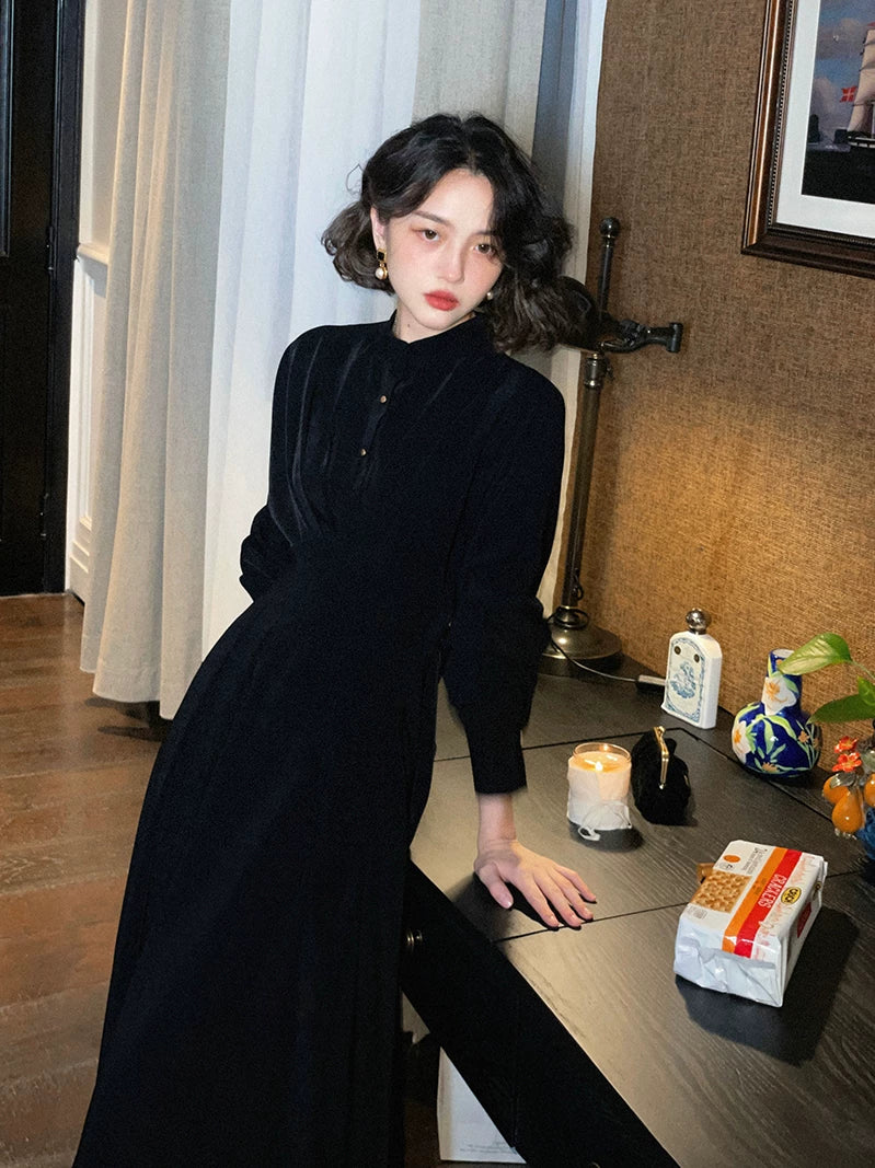 KELIFAN Retro Stand-up Neck Long-sleeved Dress