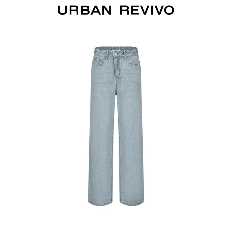 URBAN REVIVO Wave Hipster Retro Washed Pussy Beard Wide Leg Jeans