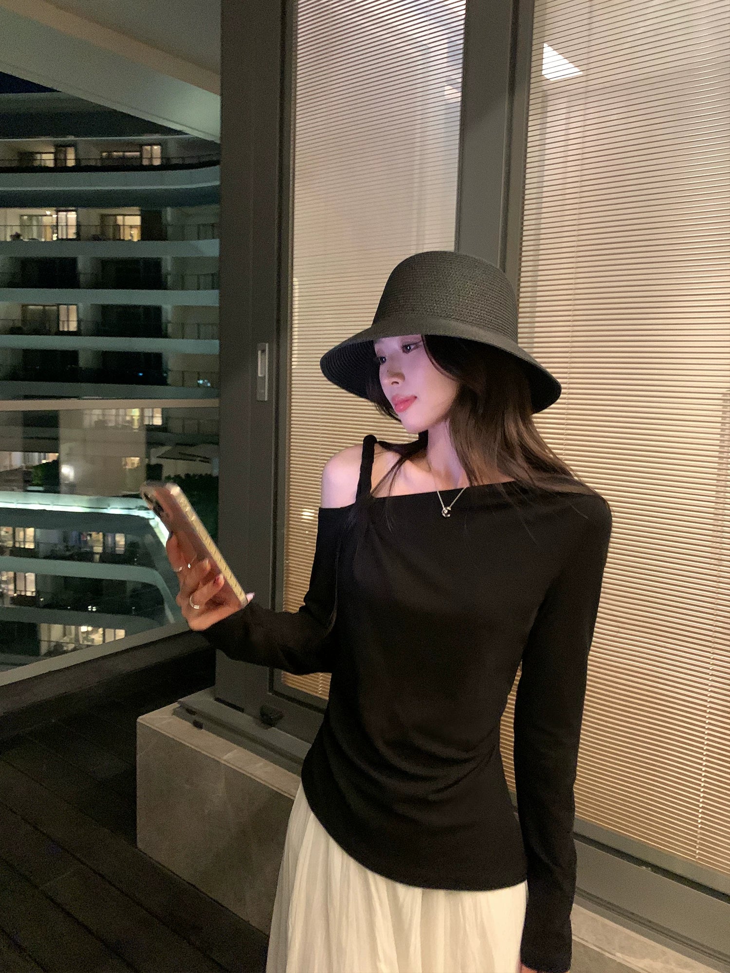 Pusumede Casual Versatile Slash Shoulder Knitted Long Sleeve
