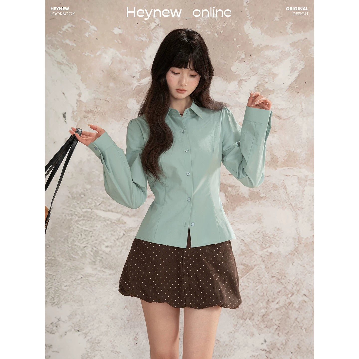 LOVEHEYNEW Waist Skinny Lace-Up Polo Neck Long Sleeve Shirt