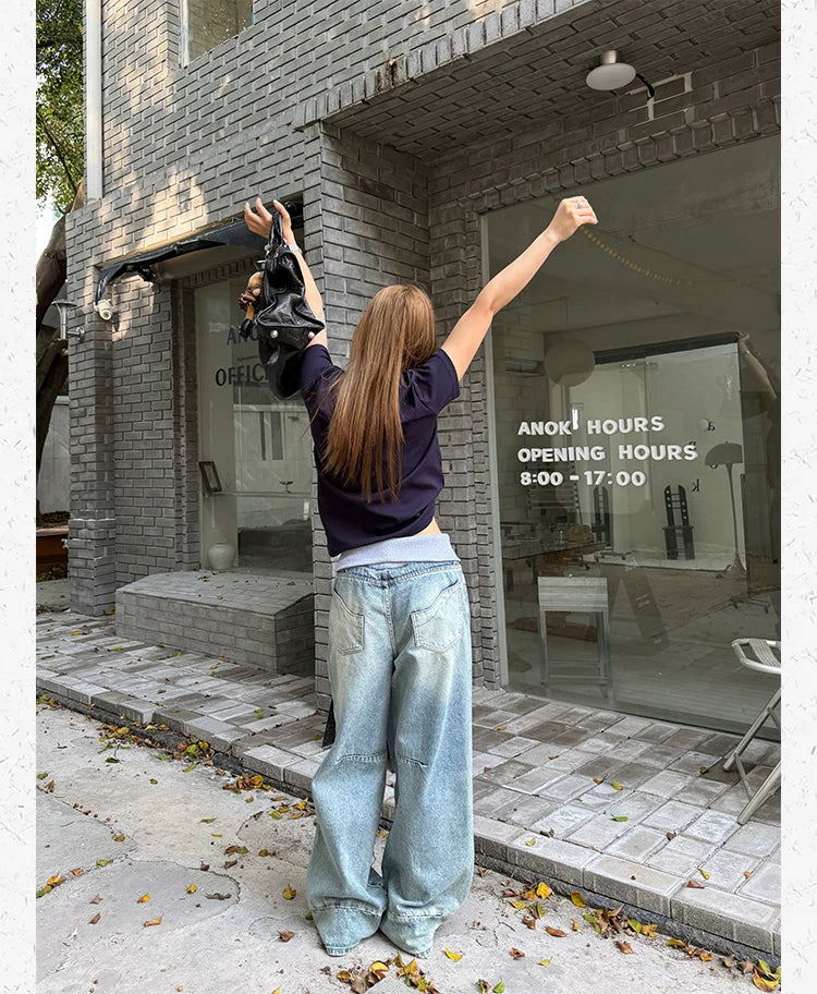 CCYE Fake Two-piece Spliced Waist Wide-leg Jeans