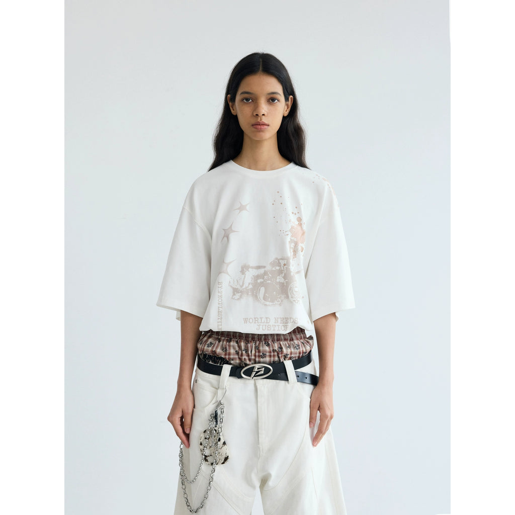 PEOPLESENSE Retro White Ink Direct Injection Printing Casual Tee