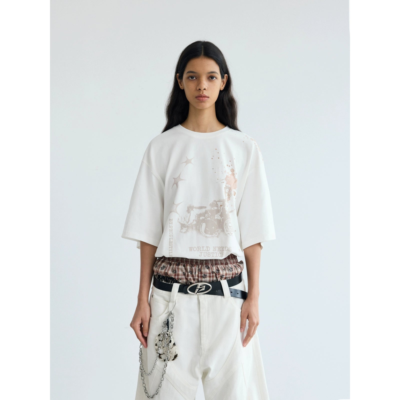 PEOPLESENSE Retro White Ink Direct Injection Printing Casual Tee