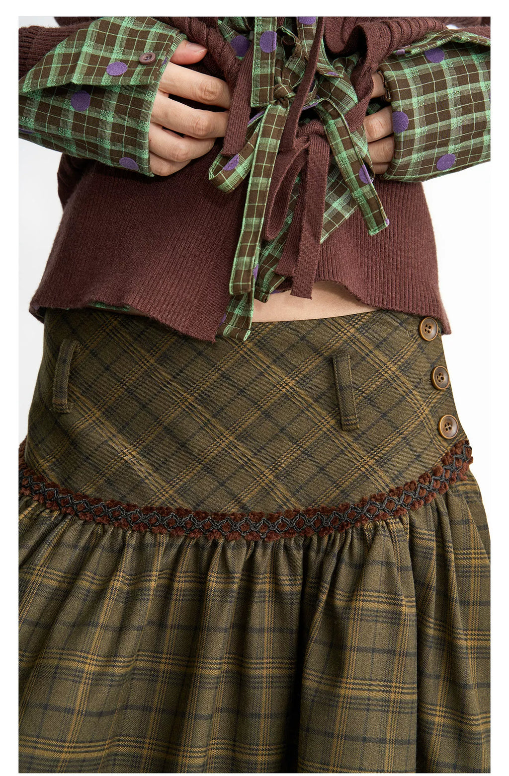Enteralt Checked Pleated Handmade Flower Slim Umbrella Skirt Set