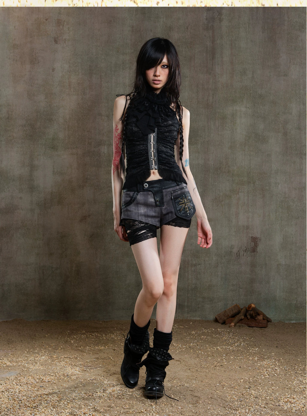 ARIADNAw Multi-pleated Backless Slim Lace Camisole