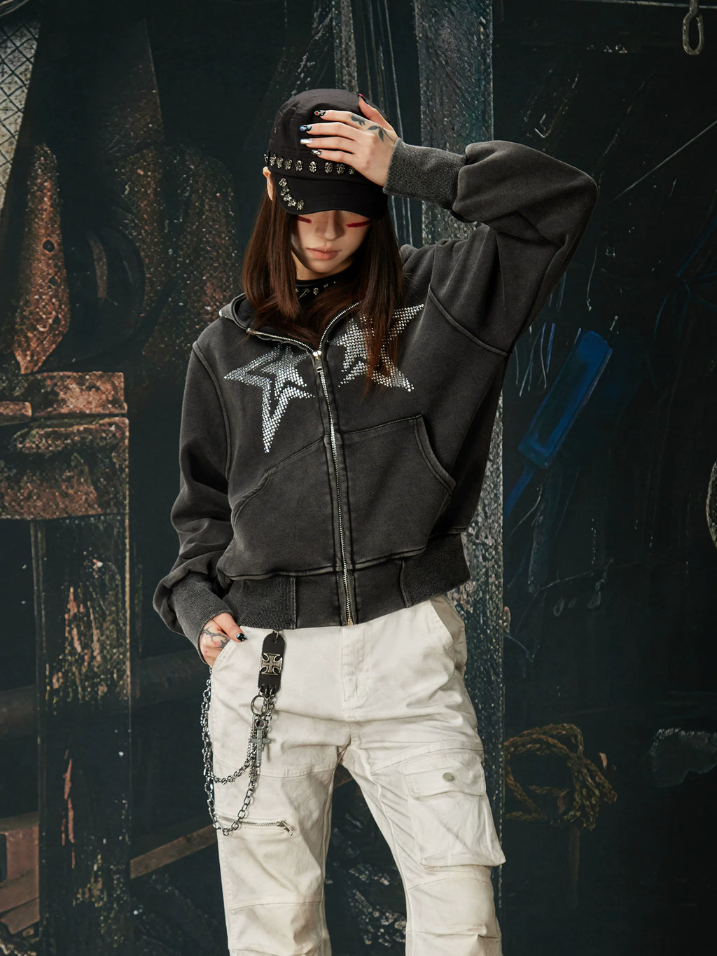 NOMANIAI Washed Hot Diamond Slim Fit Hooded Zipper Jacket