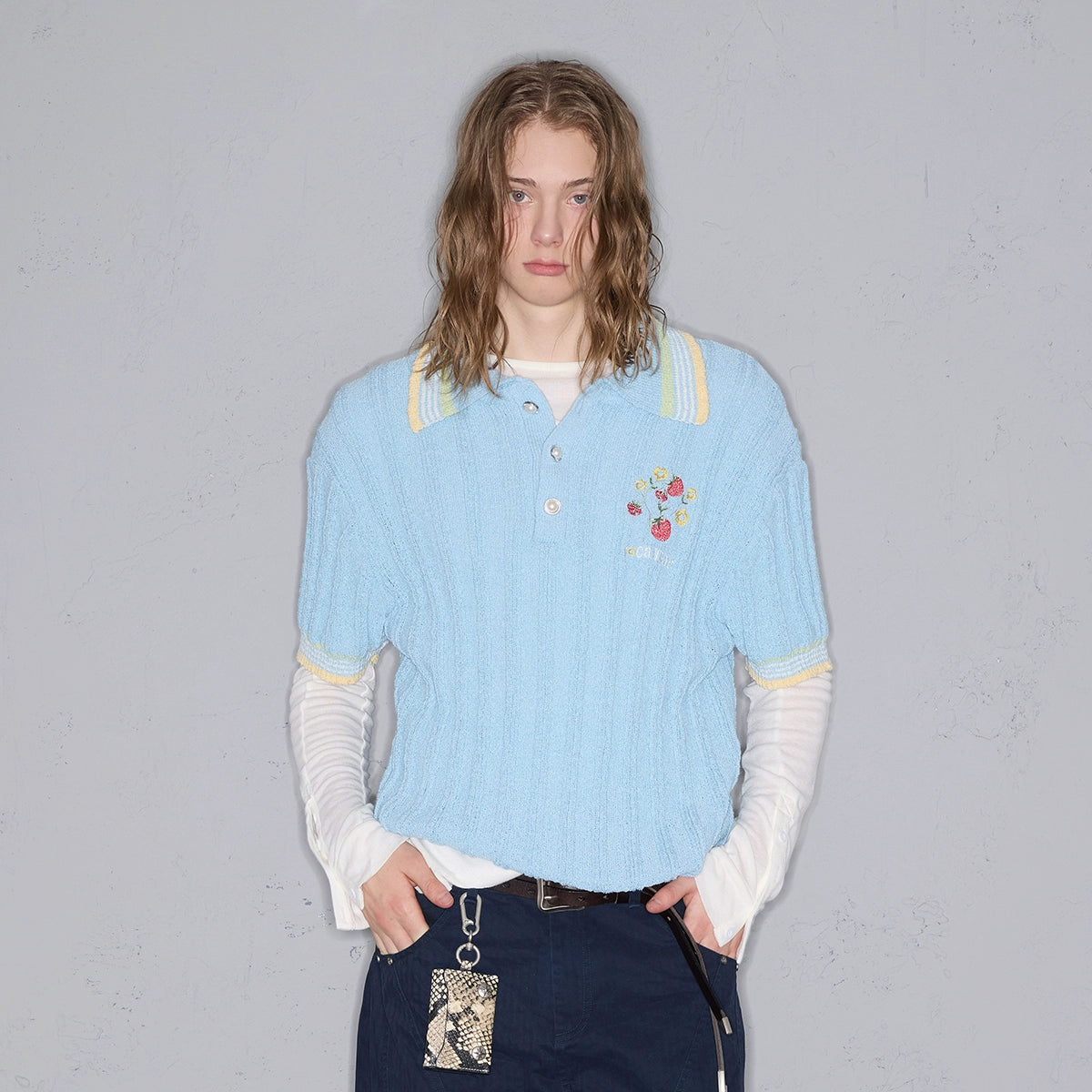 Rocawear Cloth Striped Pearl Buckle Embroidered Polo Shirt