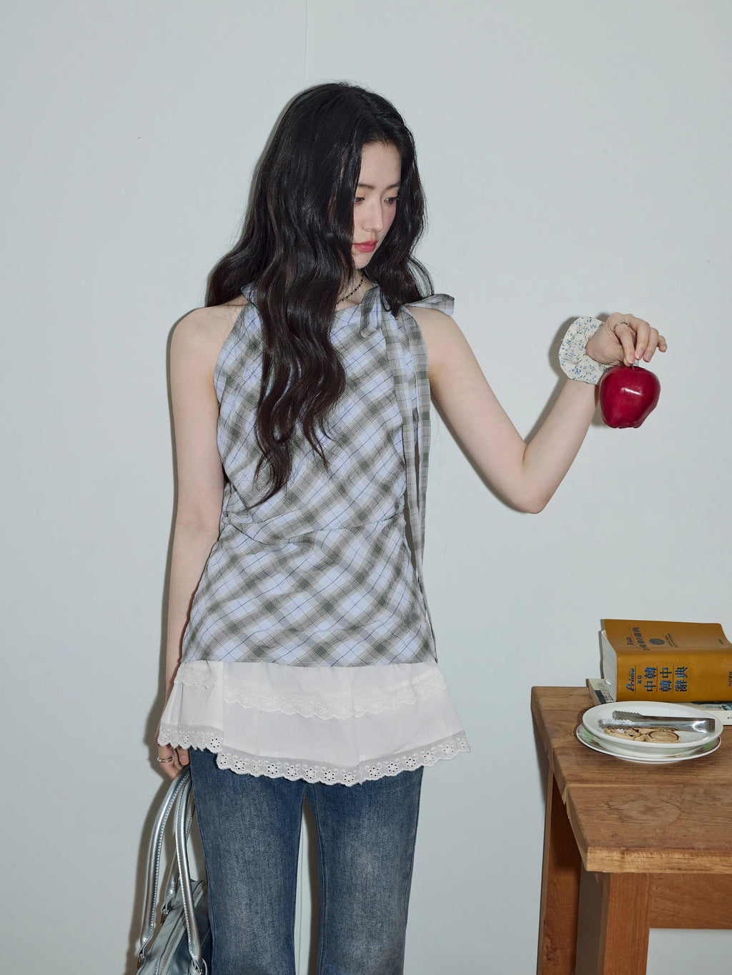 XUJING Lace Stitching Plaid Sleeveless Shirt