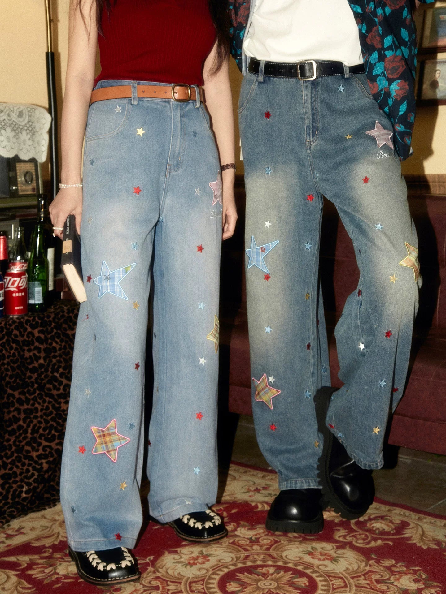 ALOHA Vintage Star Embroidery Patch Embroidery Couple Jeans