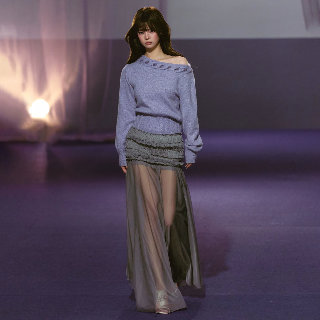 AGAM Three-dimensional Pleated Mesh Stitching Semi-transparent Long Skirt