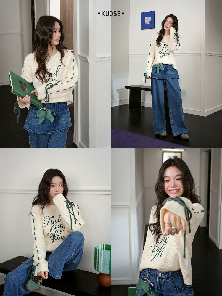 Kuose Bow Design Sense Embroidered Long Sleeve Knit