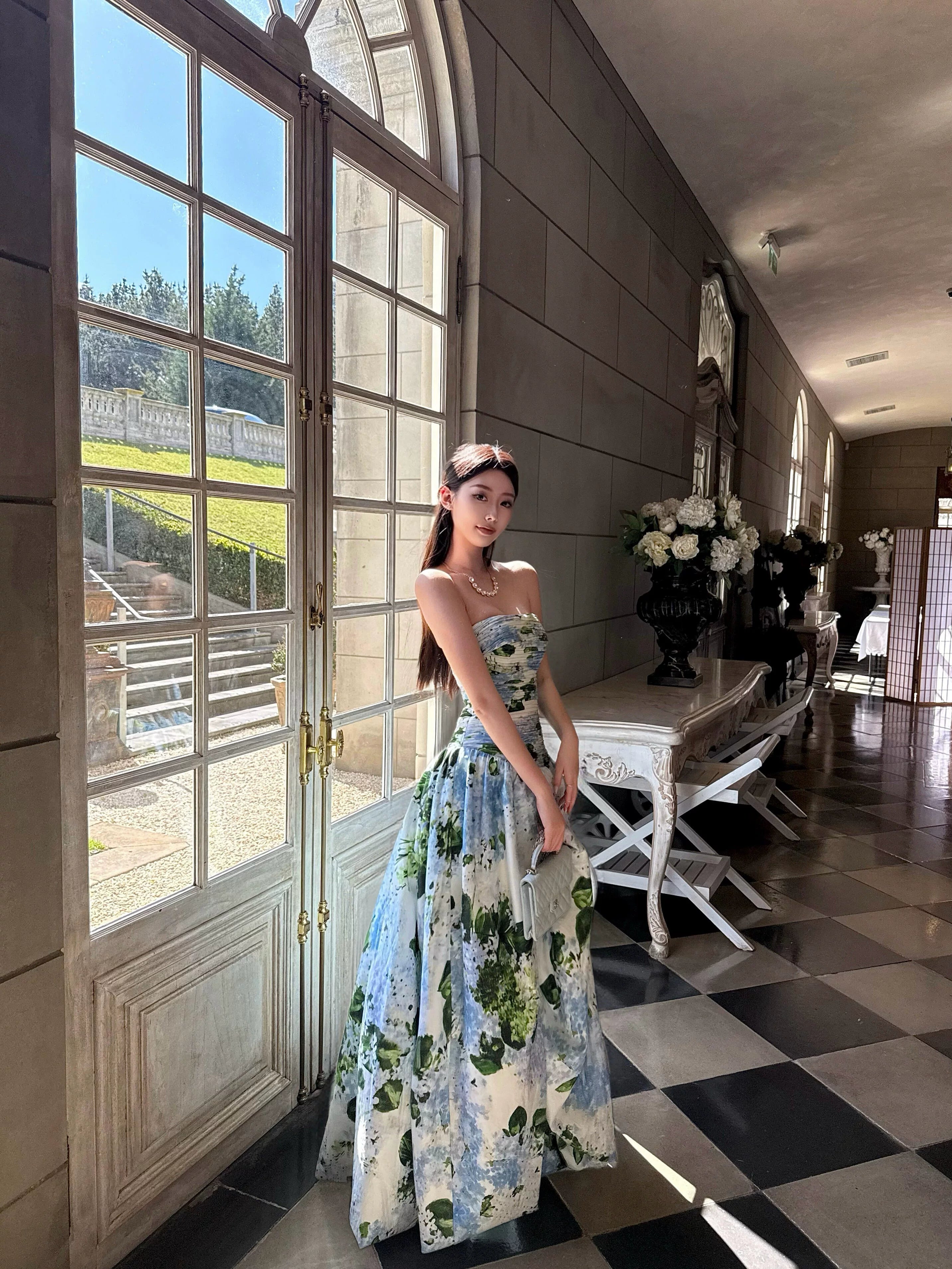 1S Pleated Shoulder Floral Split Tube Top Dress