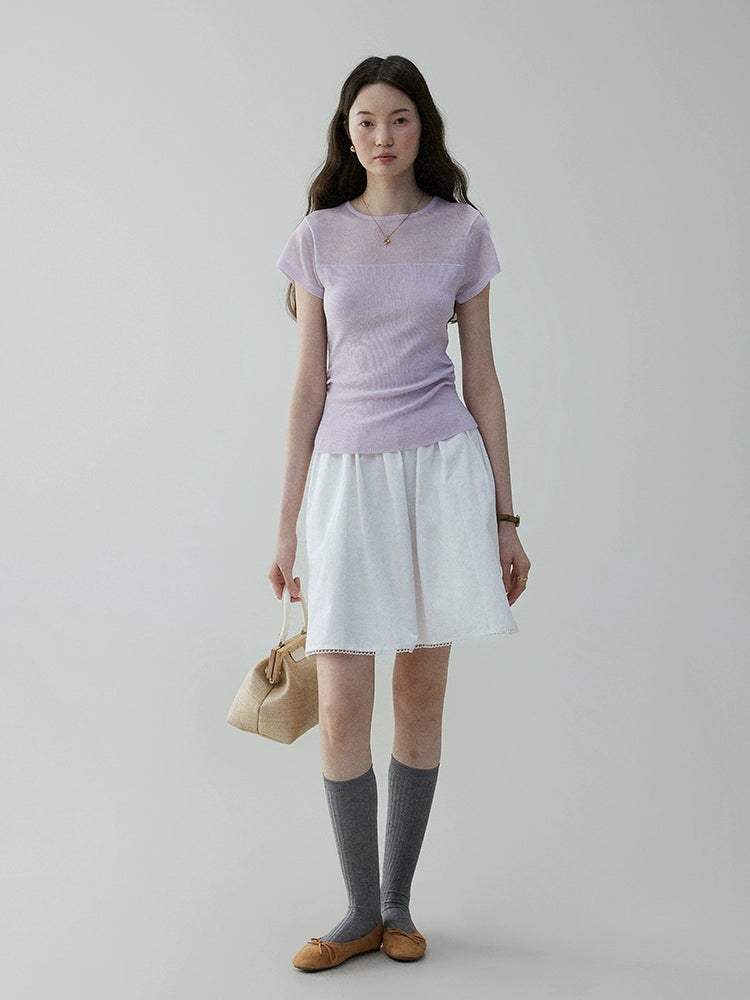 VOOE Mesh Splicing Semi-transparent Crew Neck Knitted Tee