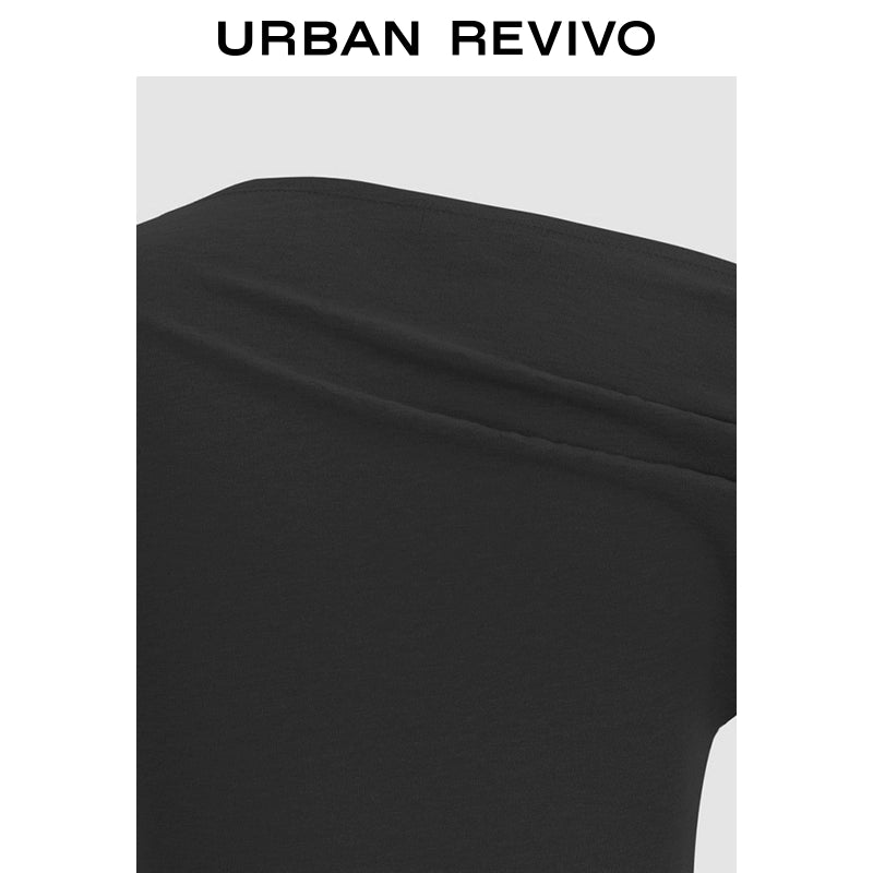 URBAN REVIVO Temperament Versatile Slanted Shoulder Collar Pleated Waist Tee
