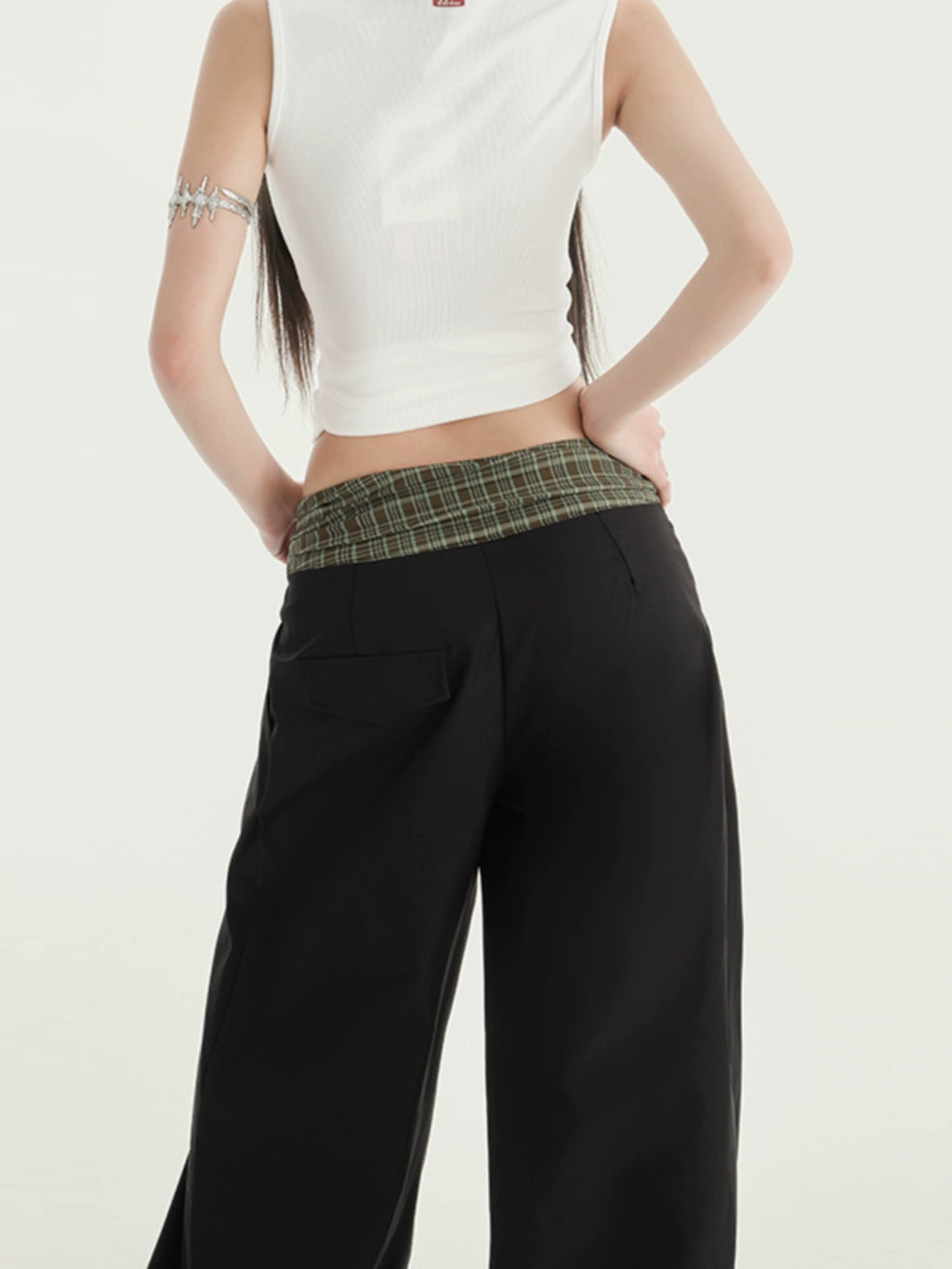 KPSR Splicing Checked Casual Loose Wide-leg Pants