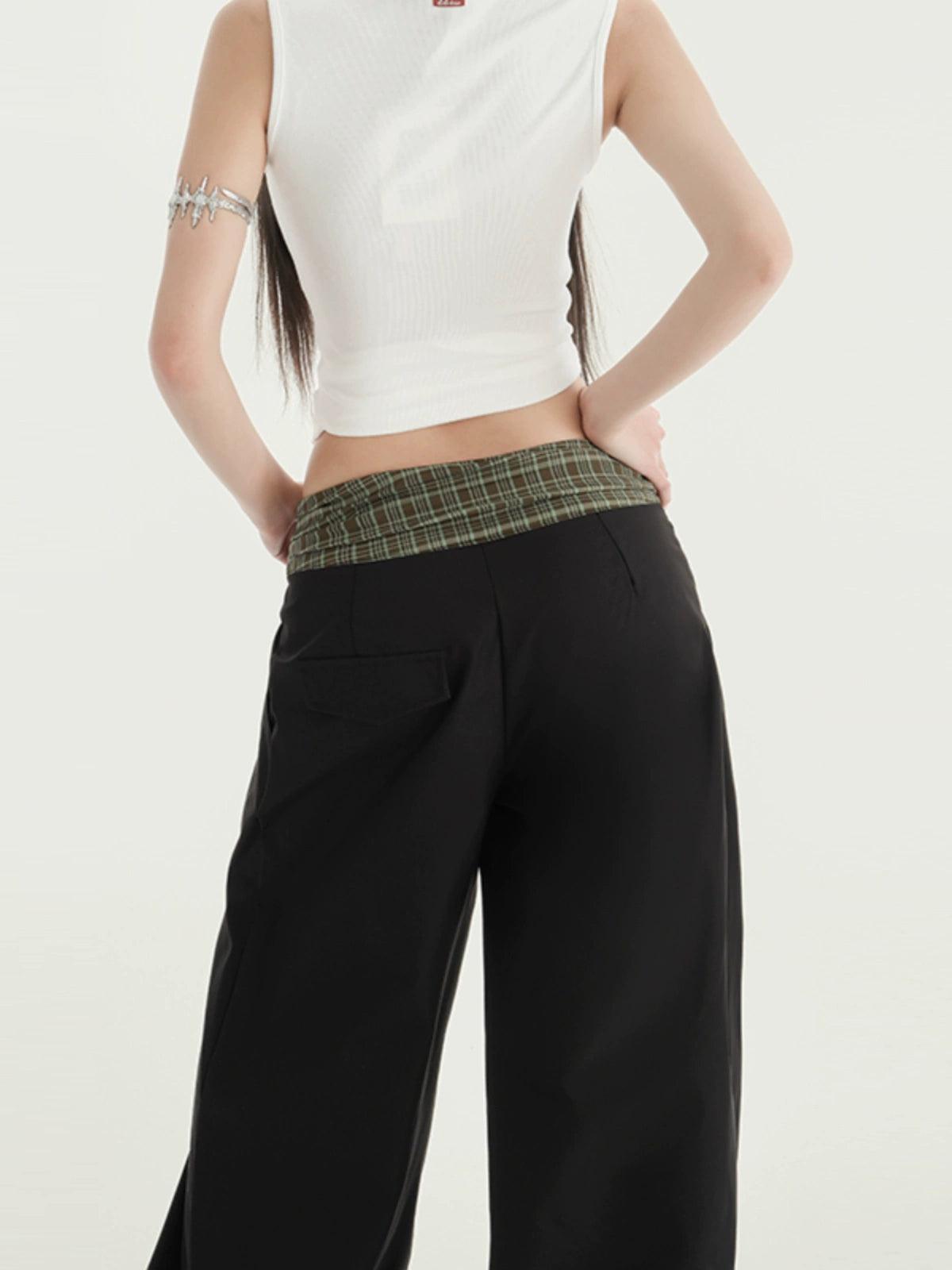 KPSR Splicing Checked Casual Loose Wide-leg Pants