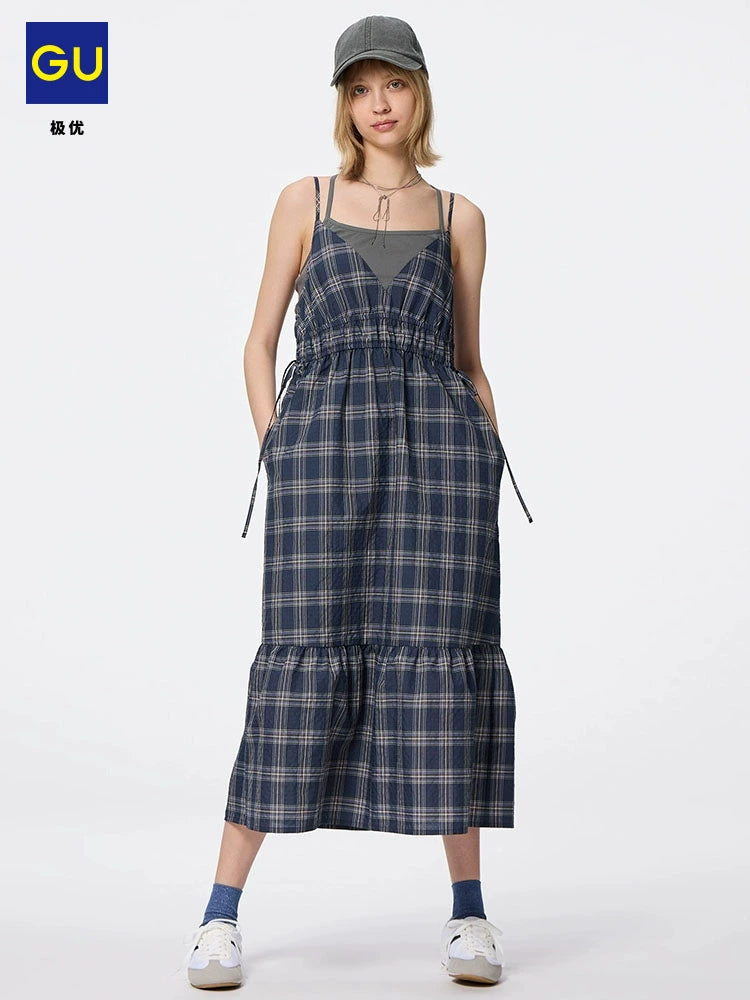 GU Plaid Suspender Dress V-neck Bow