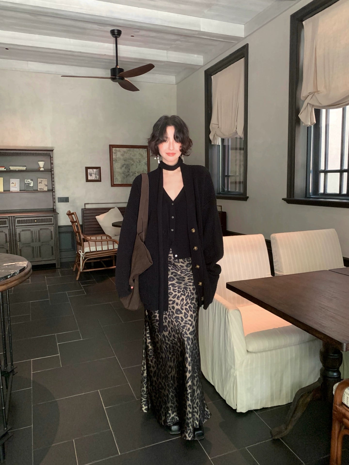 KELIFAN Retro Leopard Print High Waist Long Fishtail Skirt