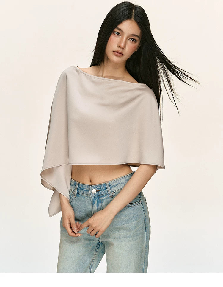 Anna Aneae Satin Slanted Shoulder Slim One-word Collar Short Tee