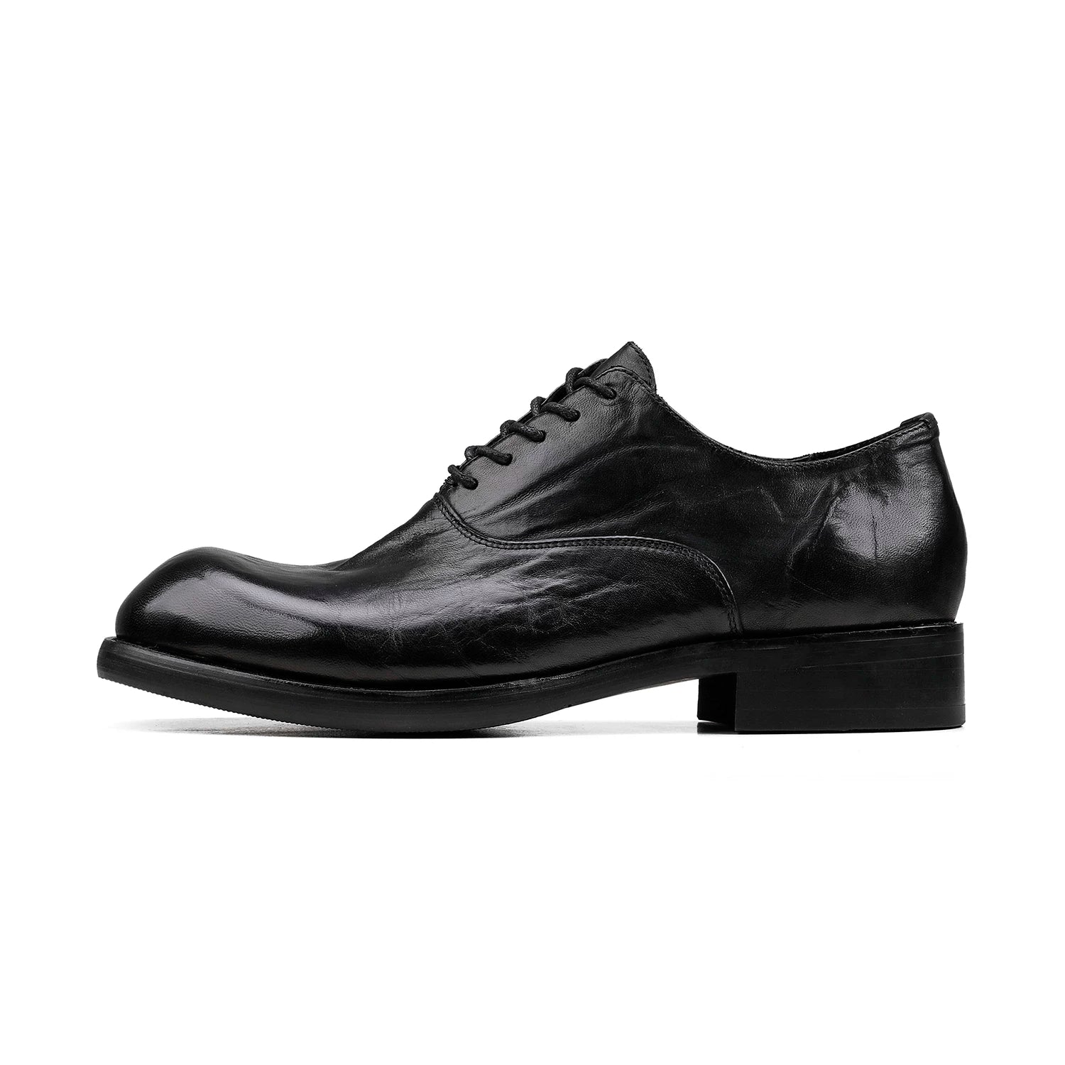 HANQIAORJI Washed Horse Leather Square Round Head Derby Shoes Leather Shoes