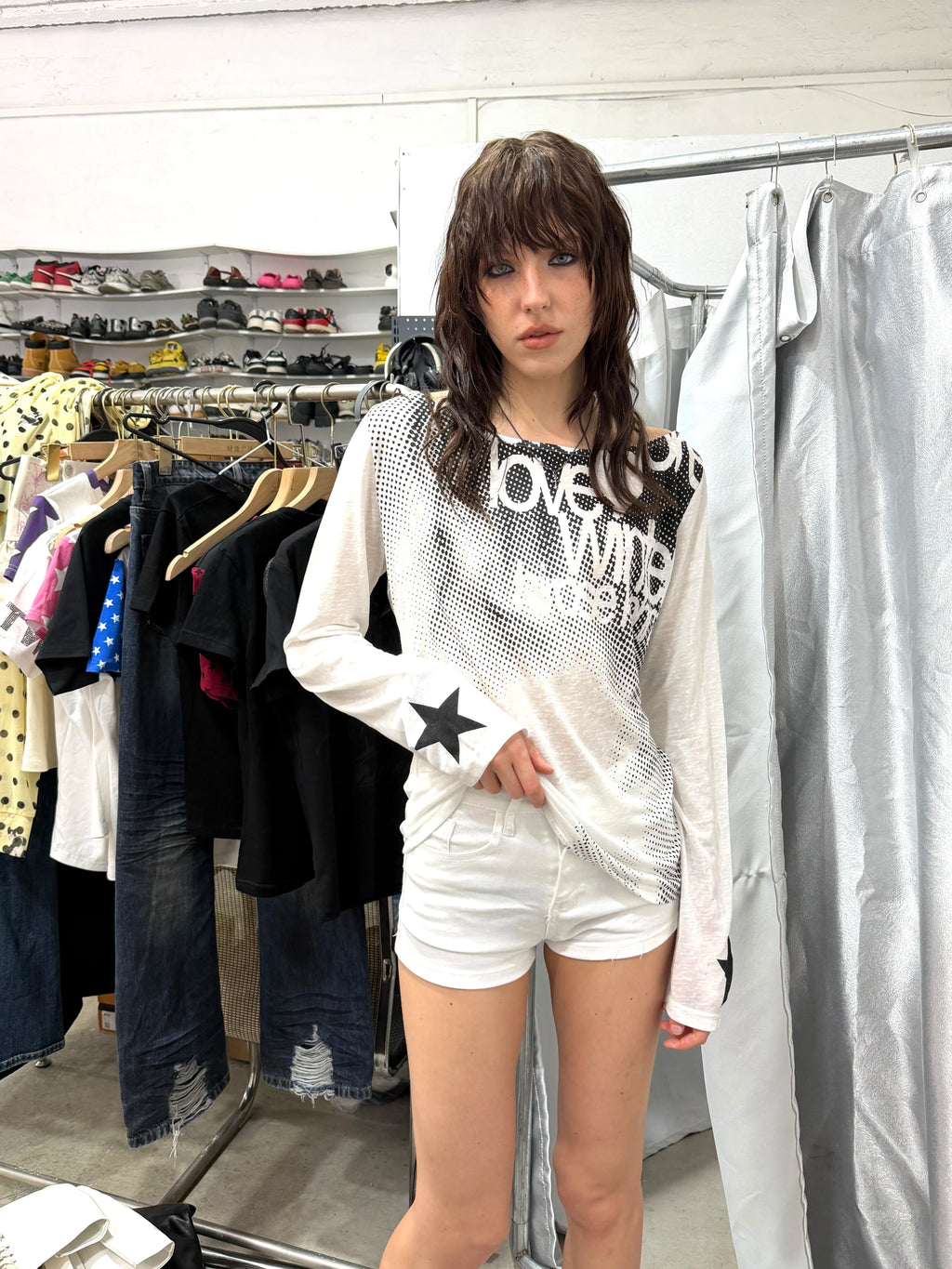 DETW U-neck One-word Shoulder Loose and Thin Long Sleeves