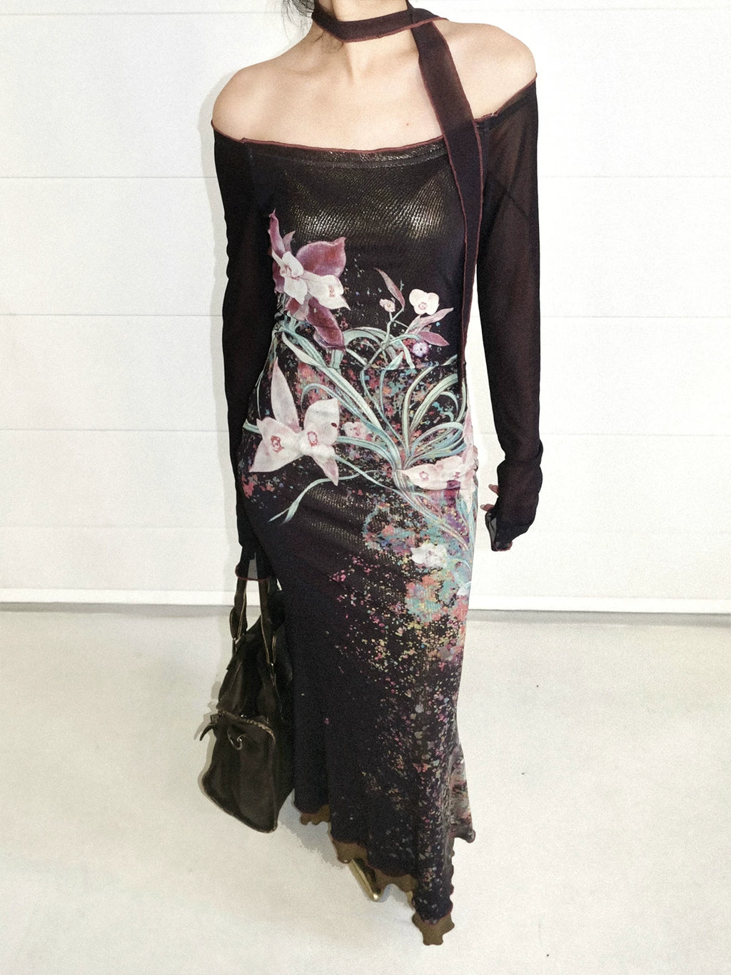 LOUMUTAKU Bronzing One-word Shoulder Flower Mesh Off-the-shoulder Fishtail Skirt