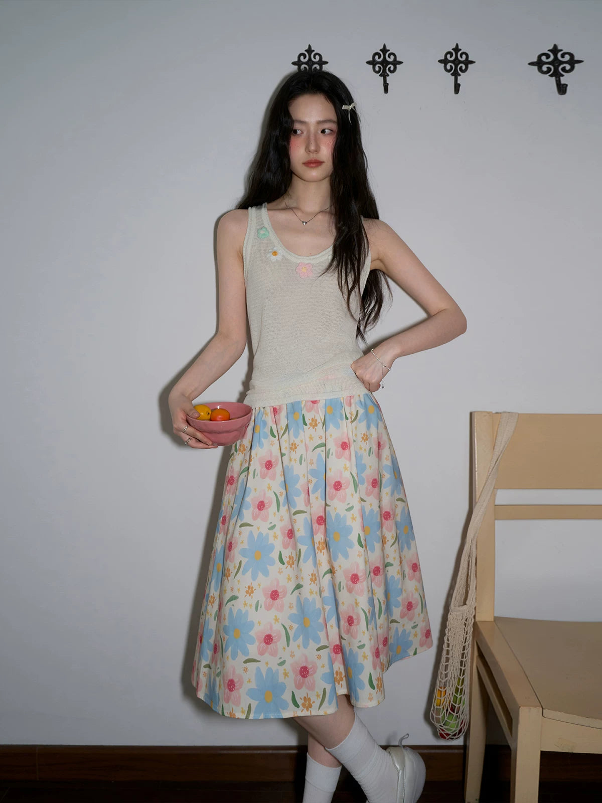XUJING High Waist Oil Painting Print Skirt