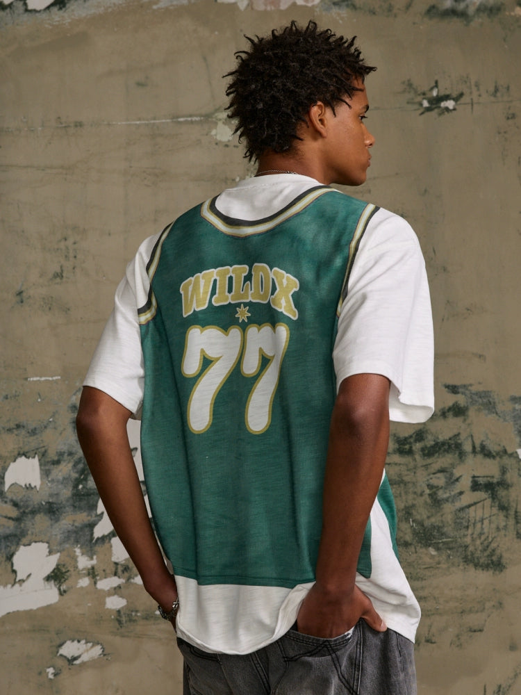 WildX Fake Two-piece Kangli Printed Retro Jersey Tee