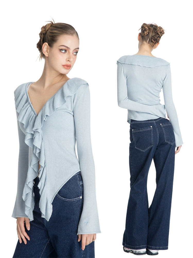 ABMY Ruffle Edge Long-sleeved Knitted Cardigan