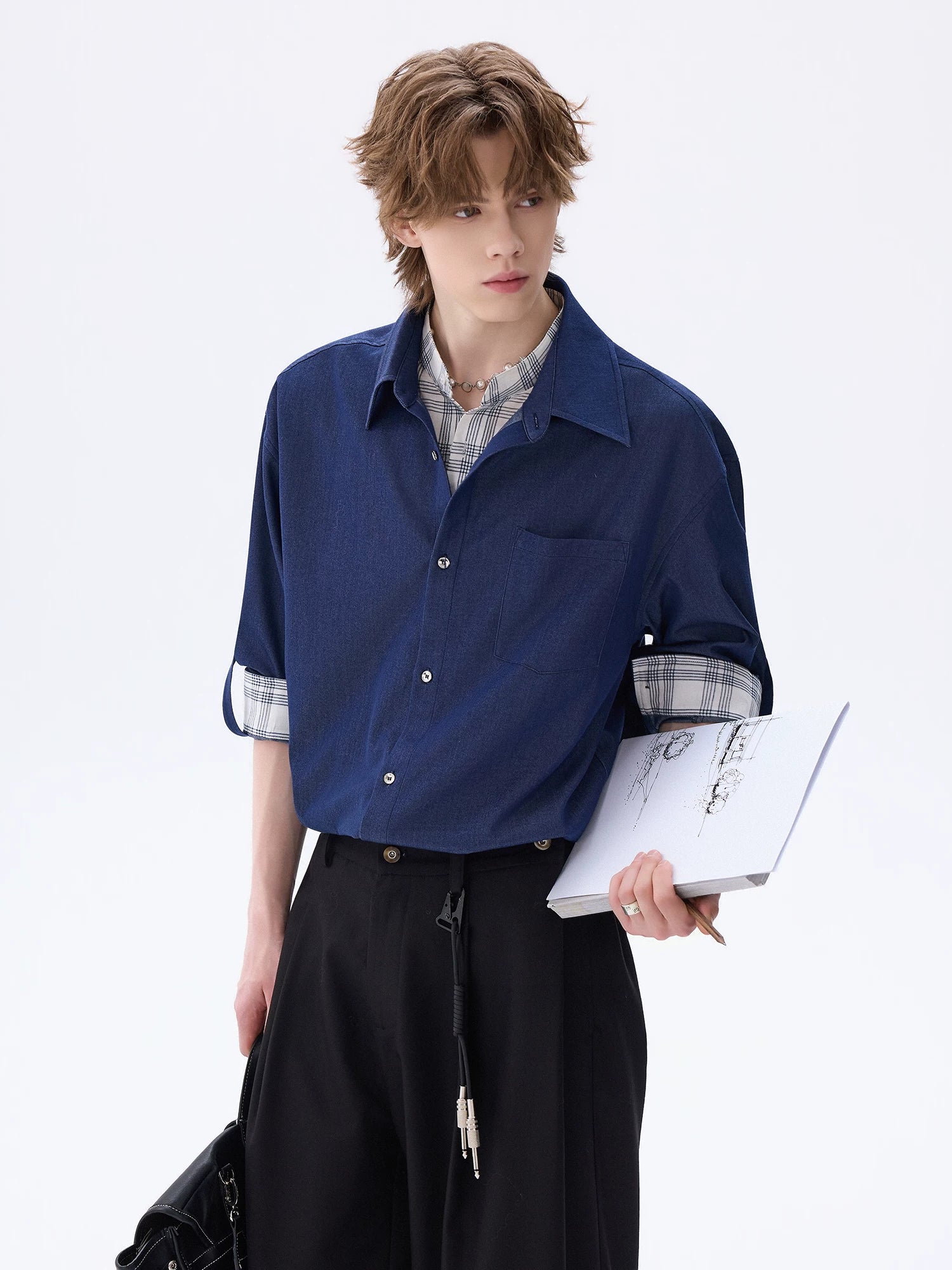 CHOR Ice Silk Denim Puzzled Plaid Double Collar Long Sleeve Shirt