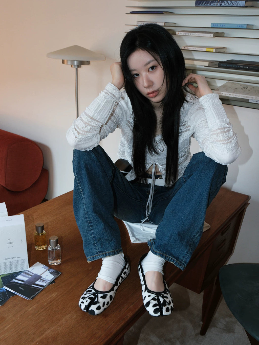 Mooreyu Polka Dot Bow Split-toe Shallow-mouth Flats