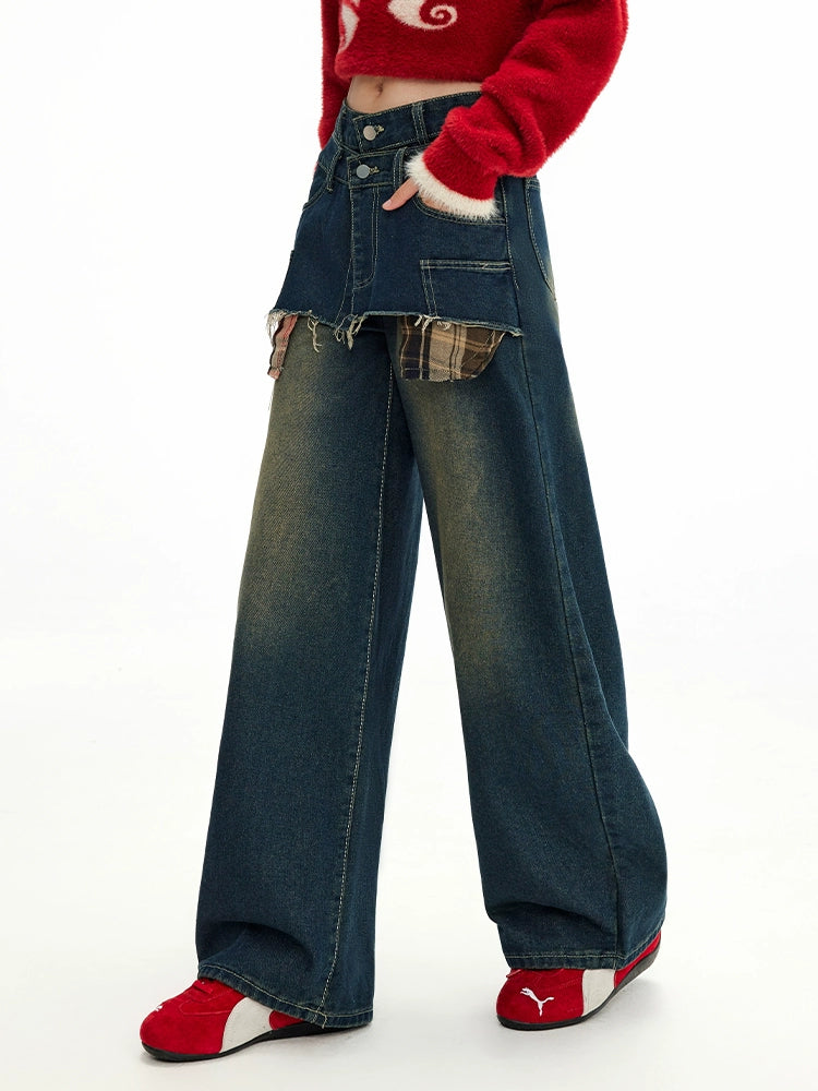 UNIFREE Fake Two-piece Stacked Straight Jeans