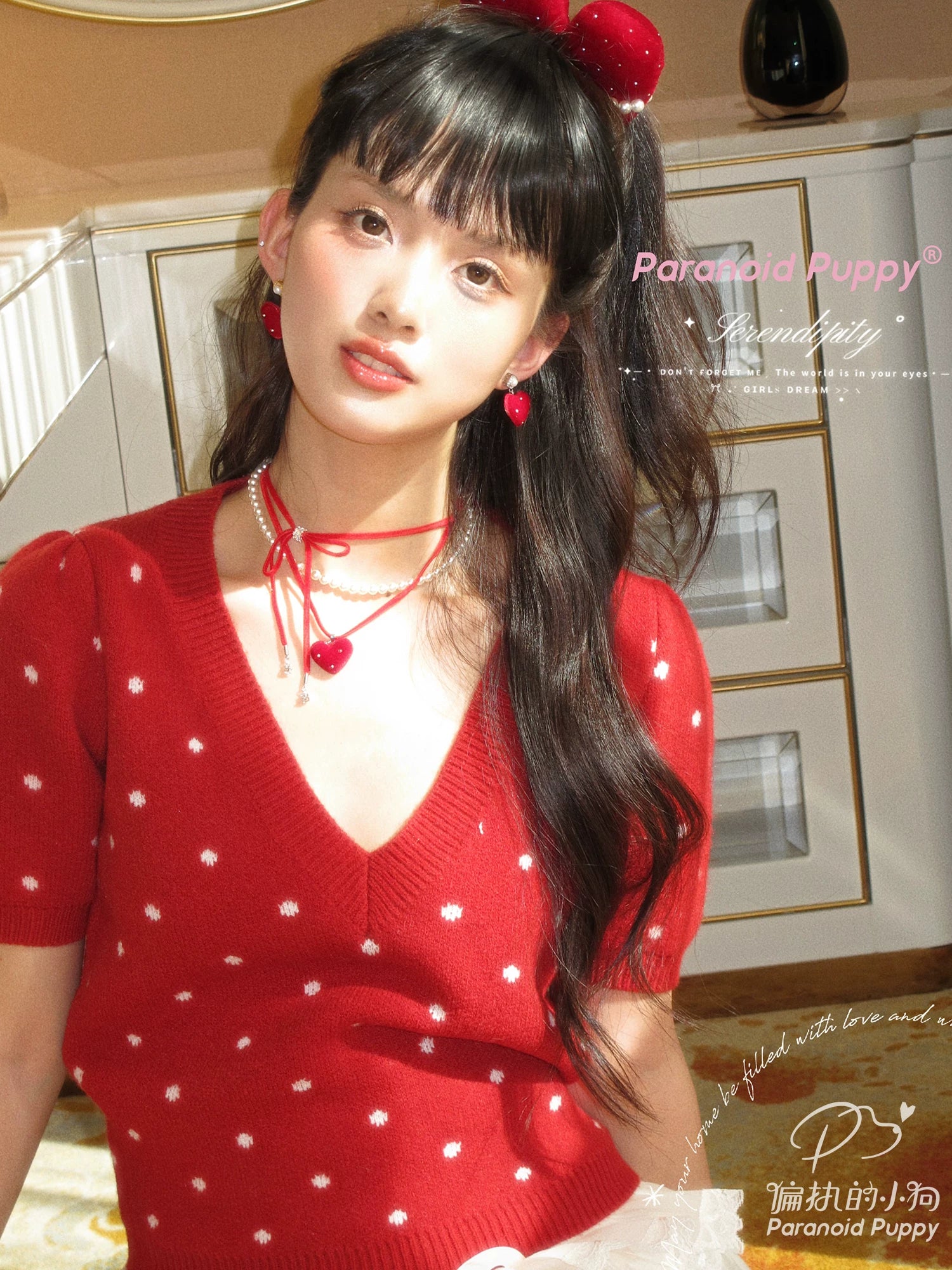 PARANOID PUPPY Red Velvet Love Multi-layer Ribbon Bow Necklace