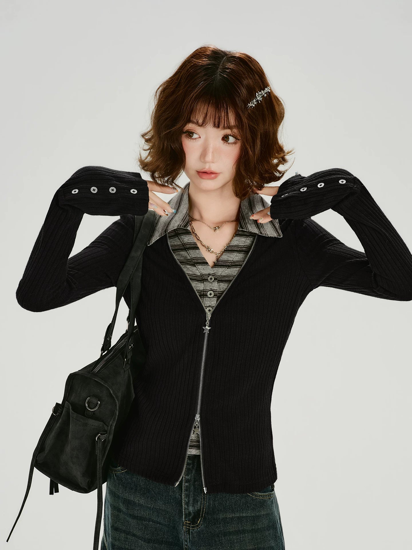 Girlyhalo Vintage Fake Two-Piece Slim-Fit Long Sleeve